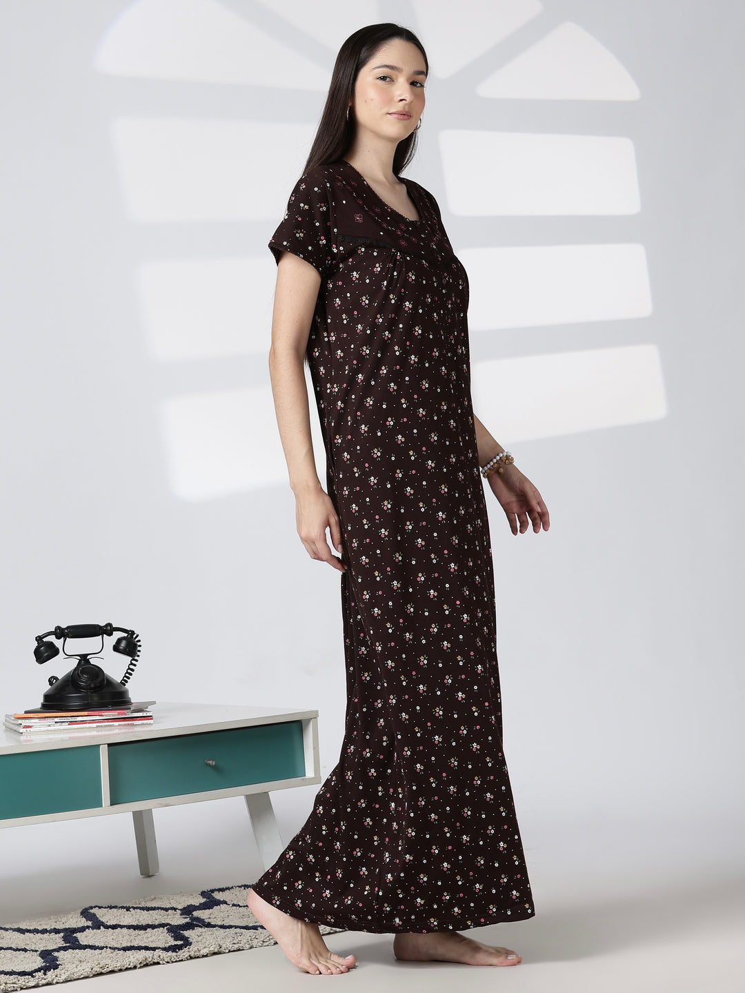 Noor Cotton Blend Floral Print Nighty for Women with Feeding Buttons
