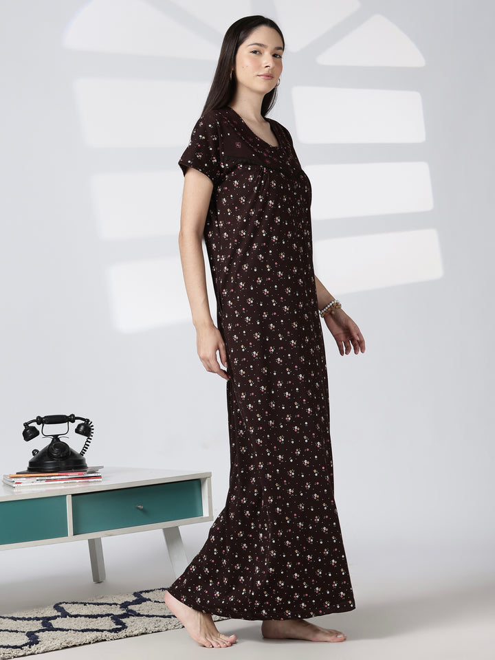 Noor Cotton Blend Floral Print Nighty for Women with Feeding Buttons