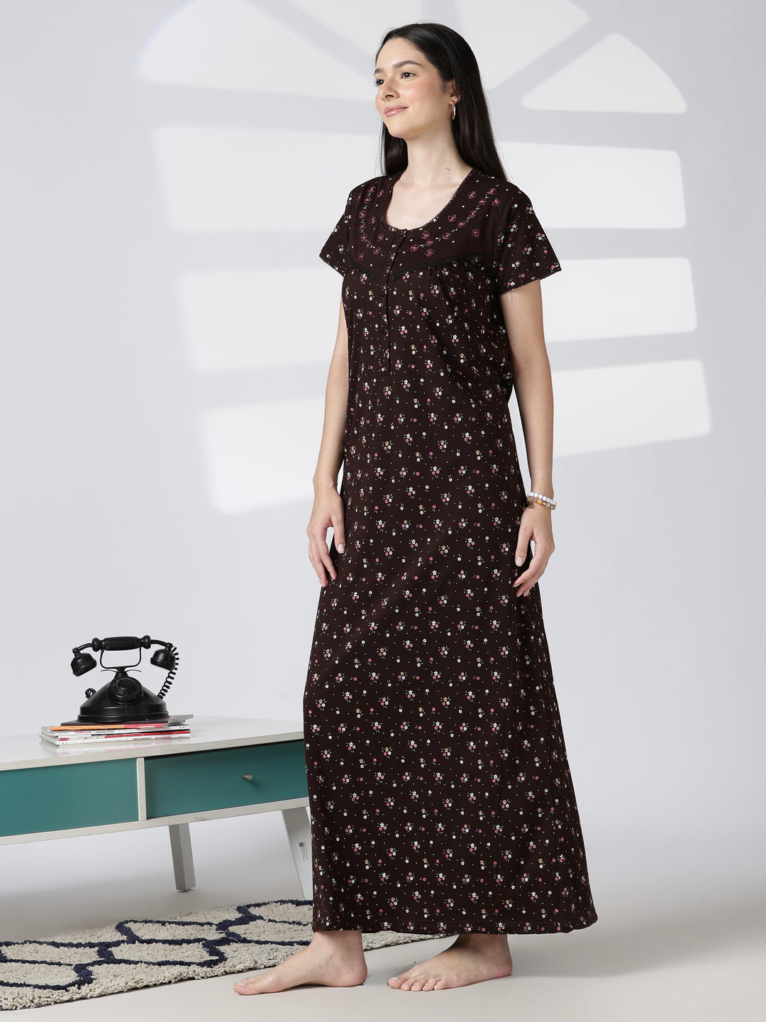 Noor Cotton Blend Floral Print Nighty for Women with Feeding Buttons