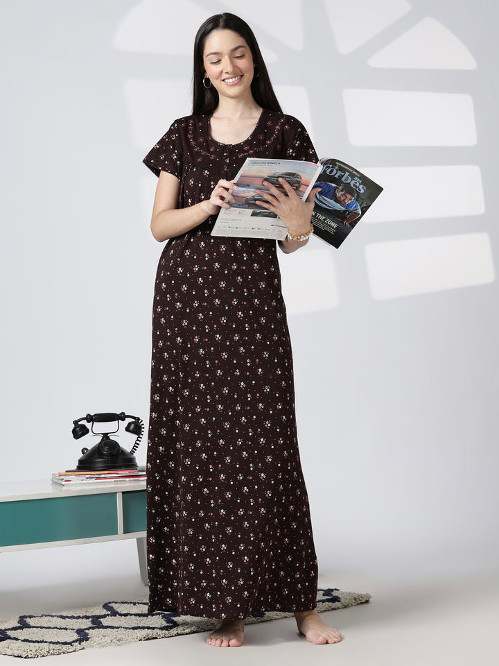 Noor Cotton Blend Floral Print Nighty for Women with Feeding Buttons