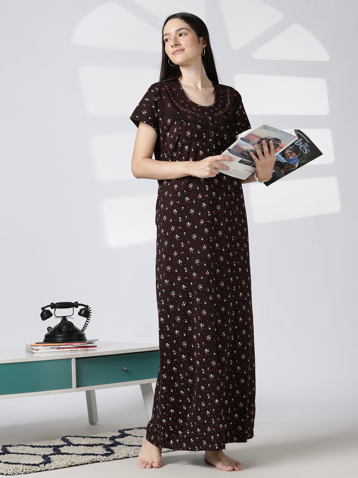 Noor Cotton Blend Floral Print Nighty for Women with Feeding Buttons