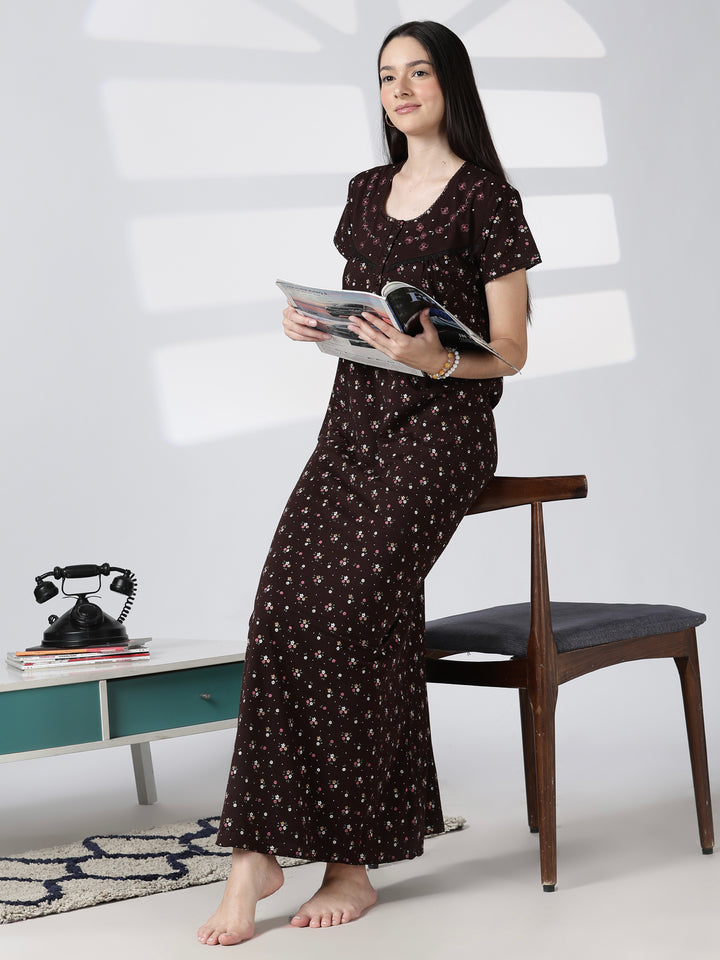Noor Cotton Blend Floral Print Nighty for Women with Feeding Buttons