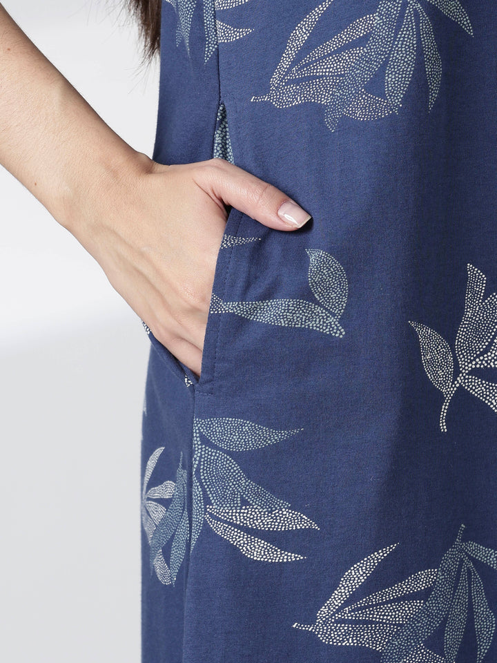 Blue Leaf Printed Cotton Short Nighty for Women Relaxed Fit