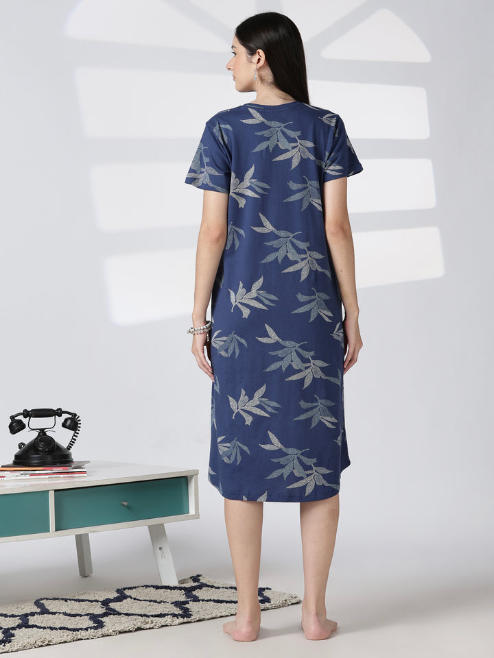 Blue Leaf Printed Cotton Short Nighty for Women Relaxed Fit