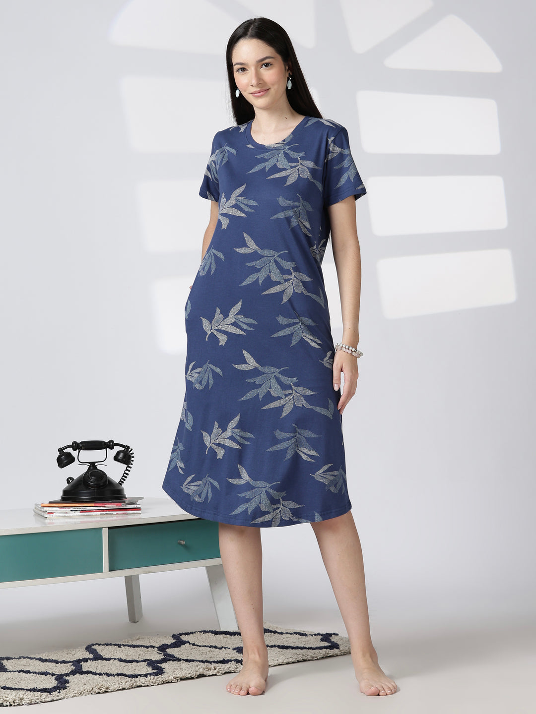 Blue Leaf Printed Cotton Short Nighty for Women Relaxed Fit