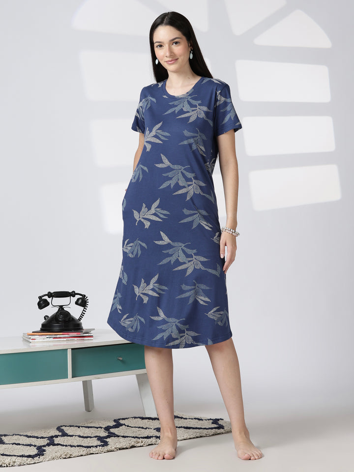 Blue Leaf Printed Cotton Short Nighty for Women Relaxed Fit