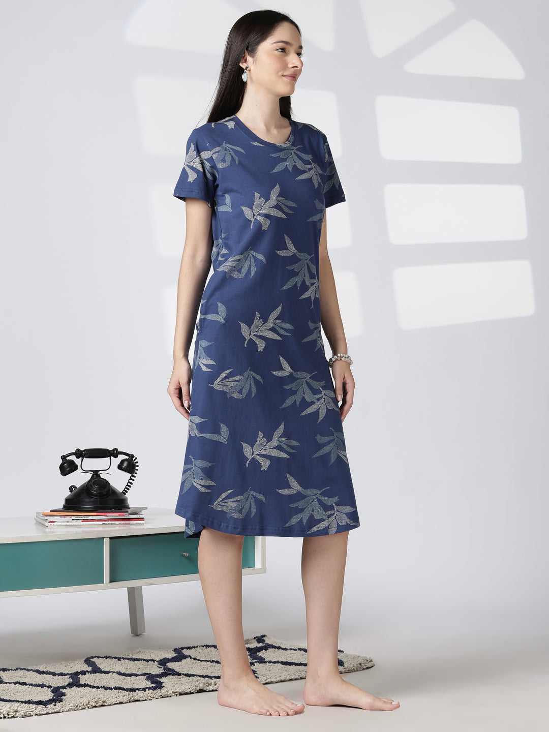 Blue Leaf Printed Cotton Short Nighty for Women Relaxed Fit