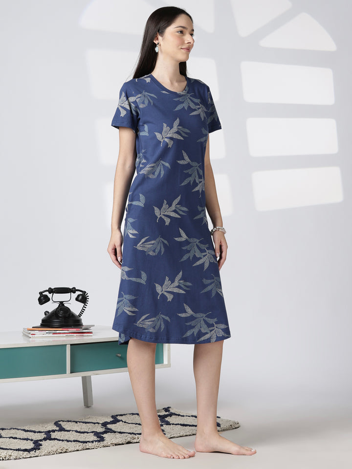 Blue Leaf Printed Cotton Short Nighty for Women Relaxed Fit