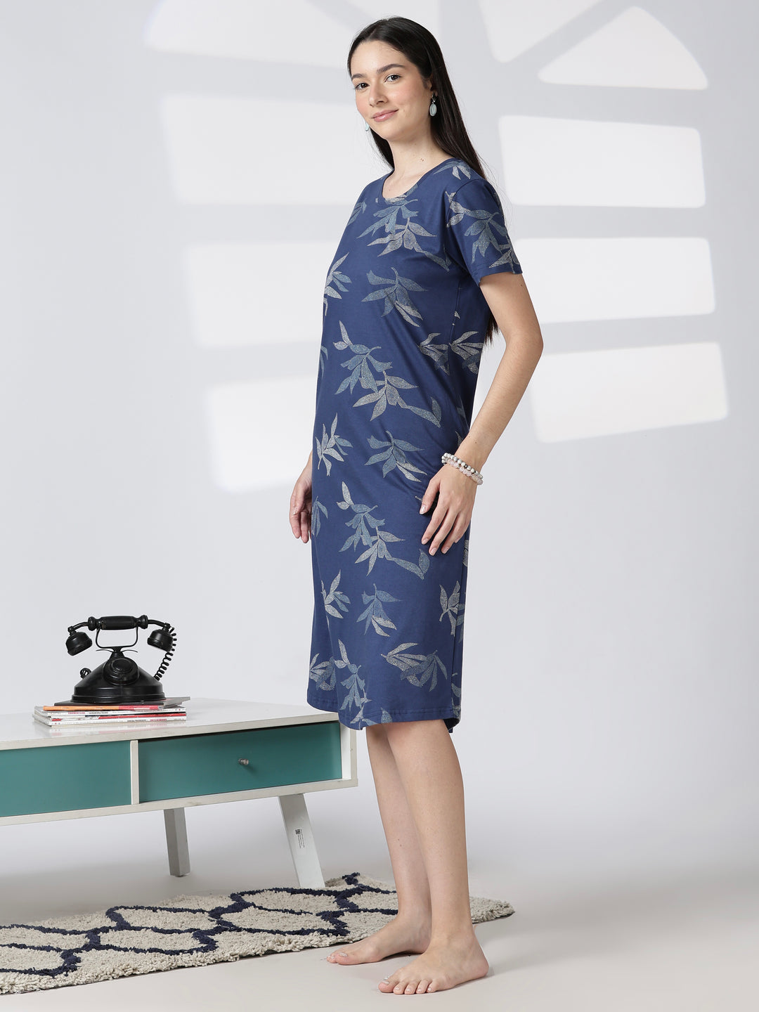 Blue Leaf Printed Cotton Short Nighty for Women Relaxed Fit