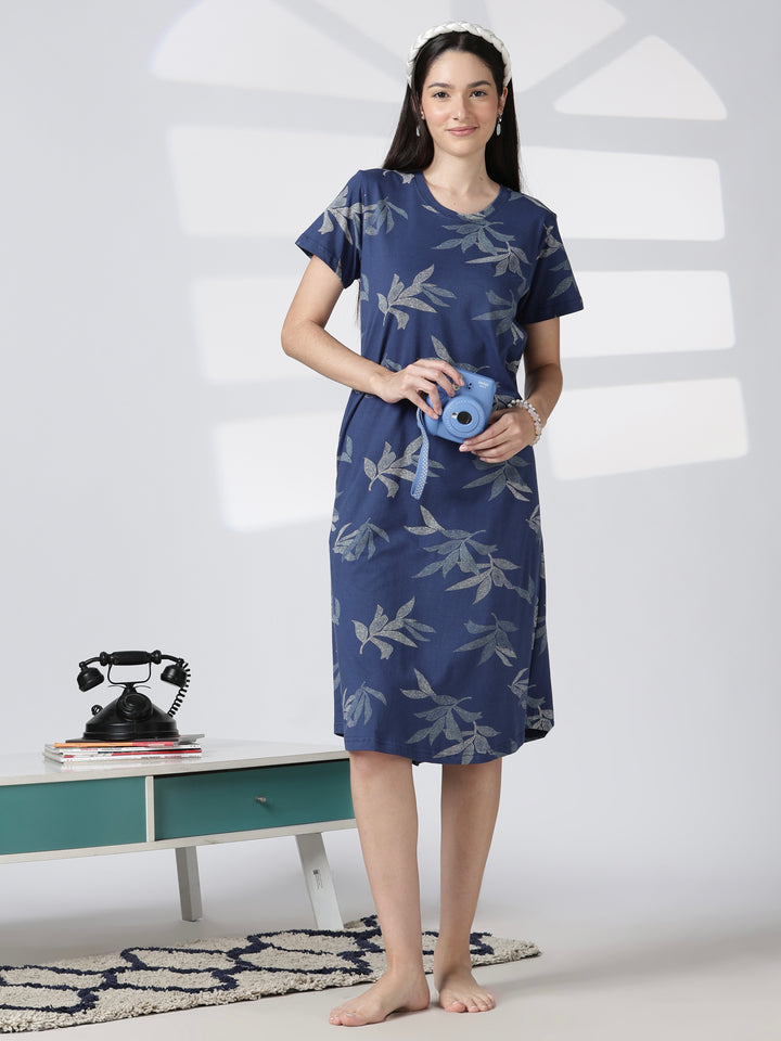 Blue Leaf Printed Cotton Short Nighty for Women Relaxed Fit