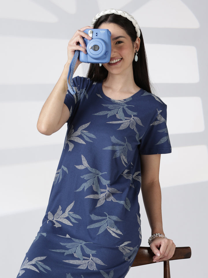 Blue Leaf Printed Cotton Short Nighty for Women Relaxed Fit