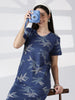 Blue Leaf Printed Cotton Short Nighty for Women Relaxed Fit
