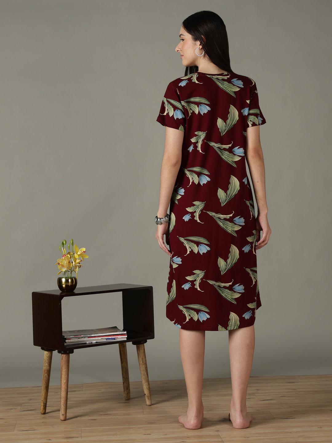 Wine Floral Cotton Short Nighty for Women Soft Breathable Fit