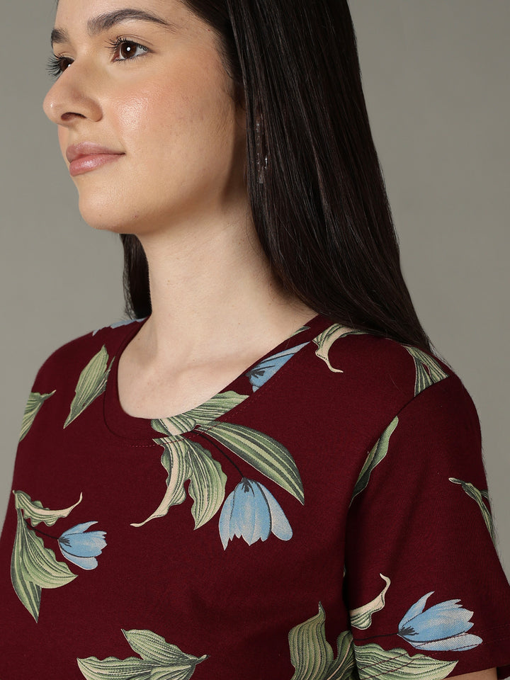 Wine Floral Cotton Short Nighty for Women Soft Breathable Fit