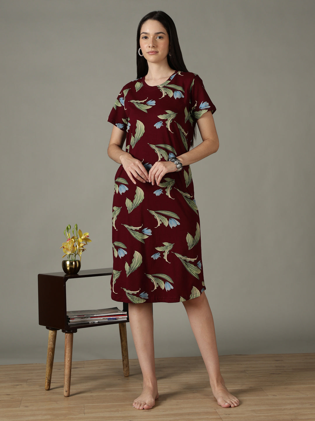 Wine Floral Cotton Short Nighty for Women Soft Breathable Fit