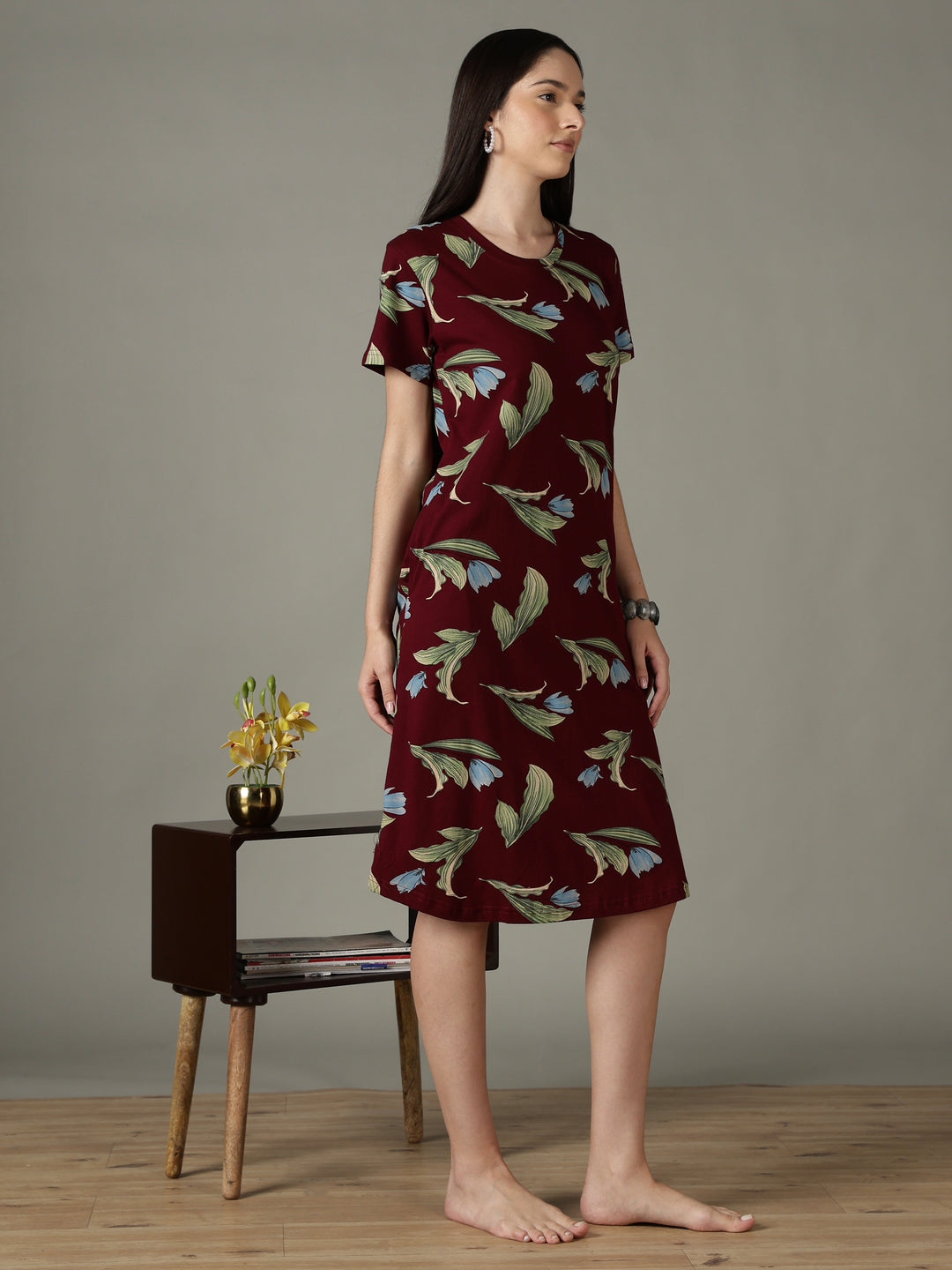 Wine Floral Cotton Short Nighty for Women Soft Breathable Fit