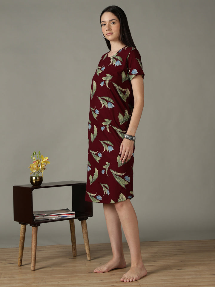 Wine Floral Cotton Short Nighty for Women Soft Breathable Fit