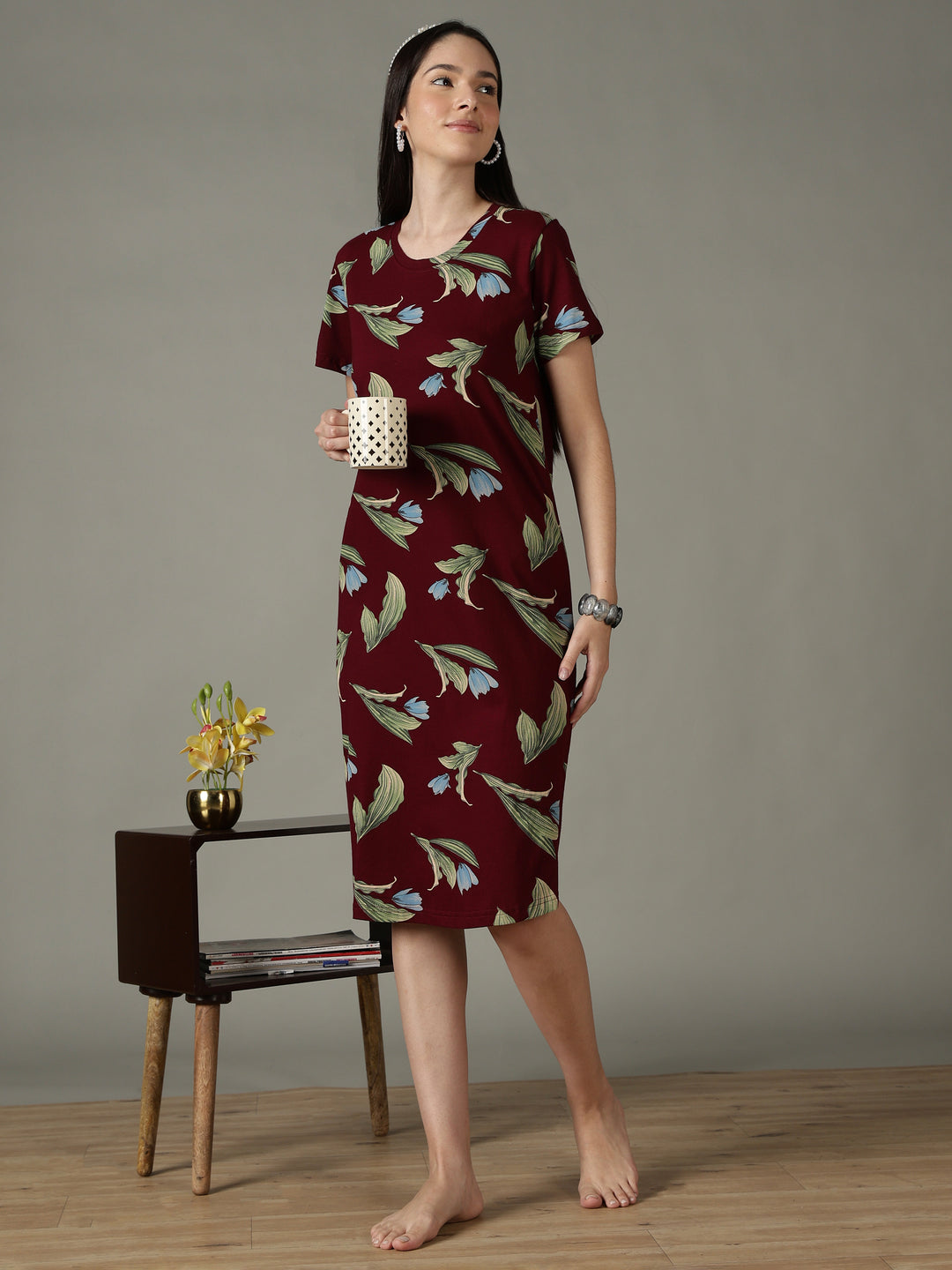 Wine Floral Cotton Short Nighty for Women Soft Breathable Fit