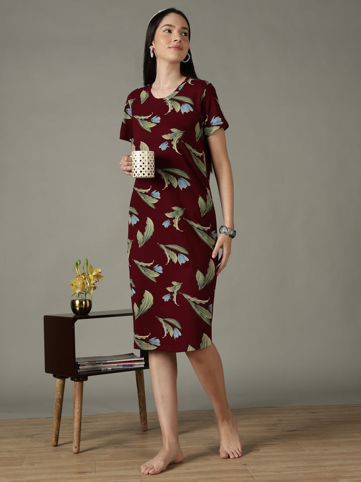 Wine Floral Cotton Short Nighty for Women Soft Breathable Fit