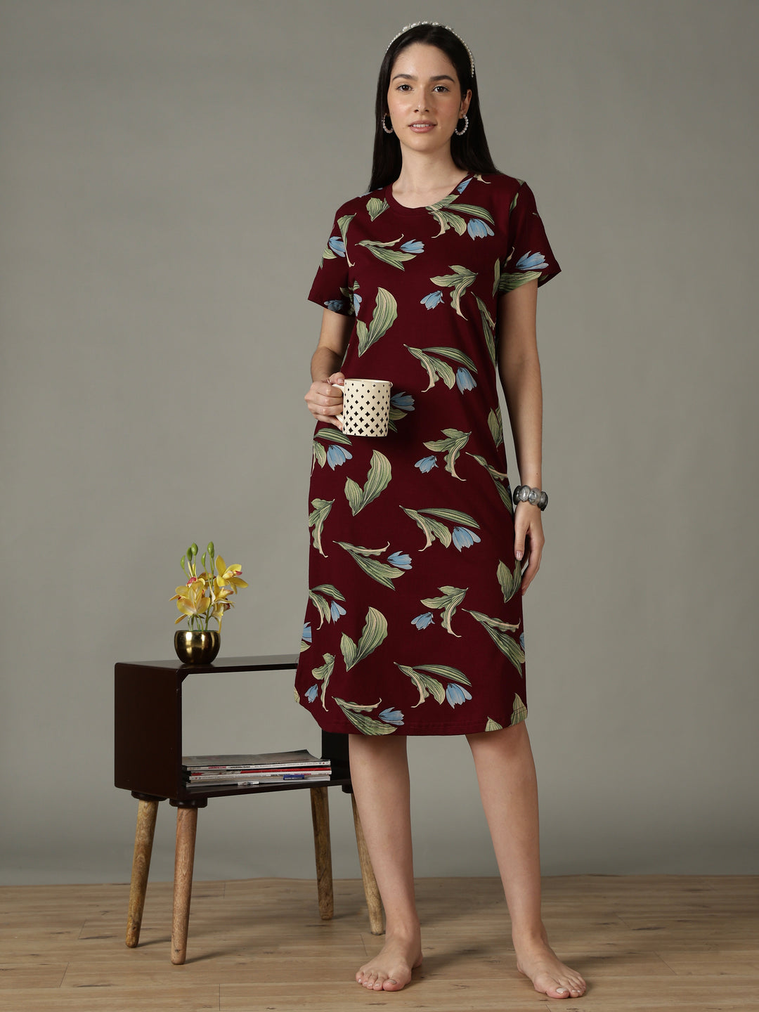 Wine Floral Cotton Short Nighty for Women Soft Breathable Fit