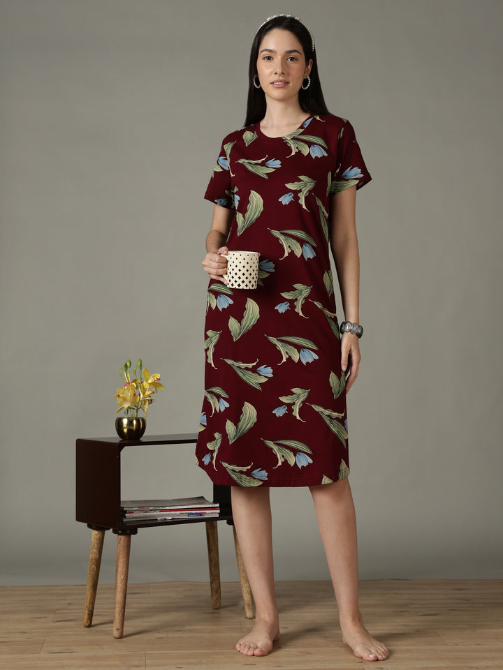 Wine Floral Cotton Short Nighty for Women Soft Breathable Fit