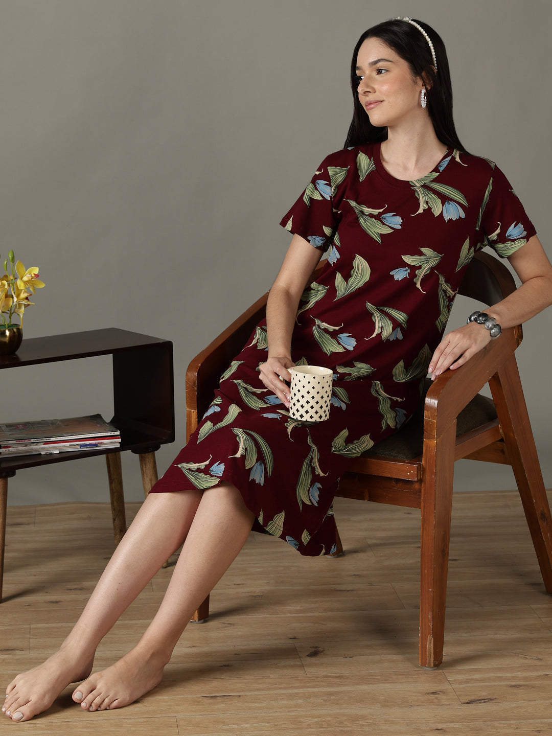 Wine Floral Cotton Short Nighty for Women Soft Breathable Fit