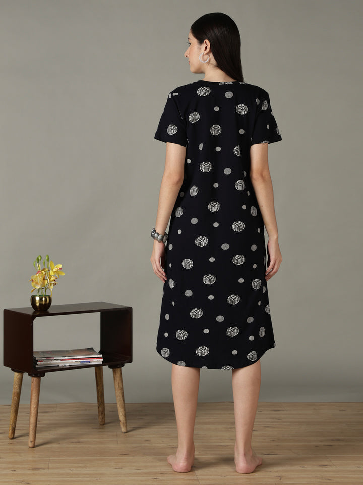 Black Dot Printed Cotton Short Nighty for Women Soft Comfort