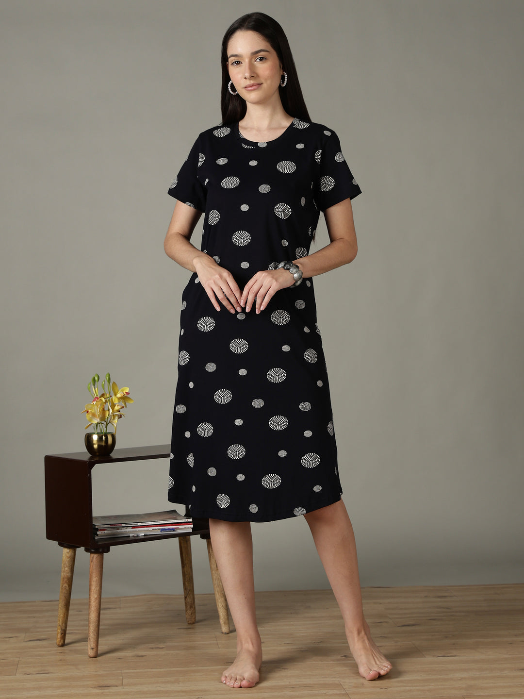 Black Dot Printed Cotton Short Nighty for Women Soft Comfort