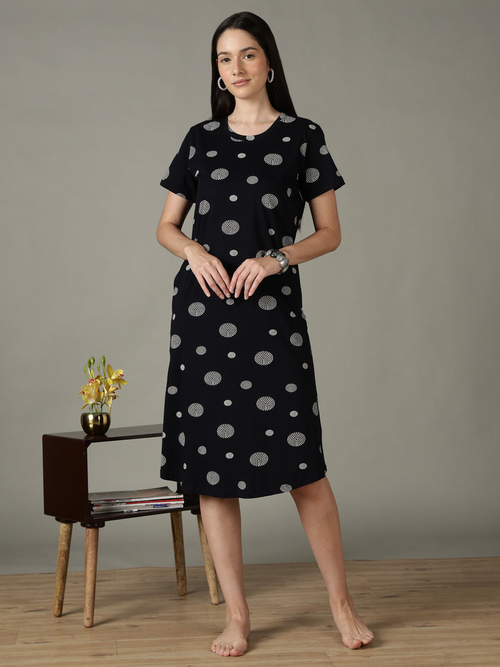 Black Dot Printed Cotton Short Nighty for Women Soft Comfort