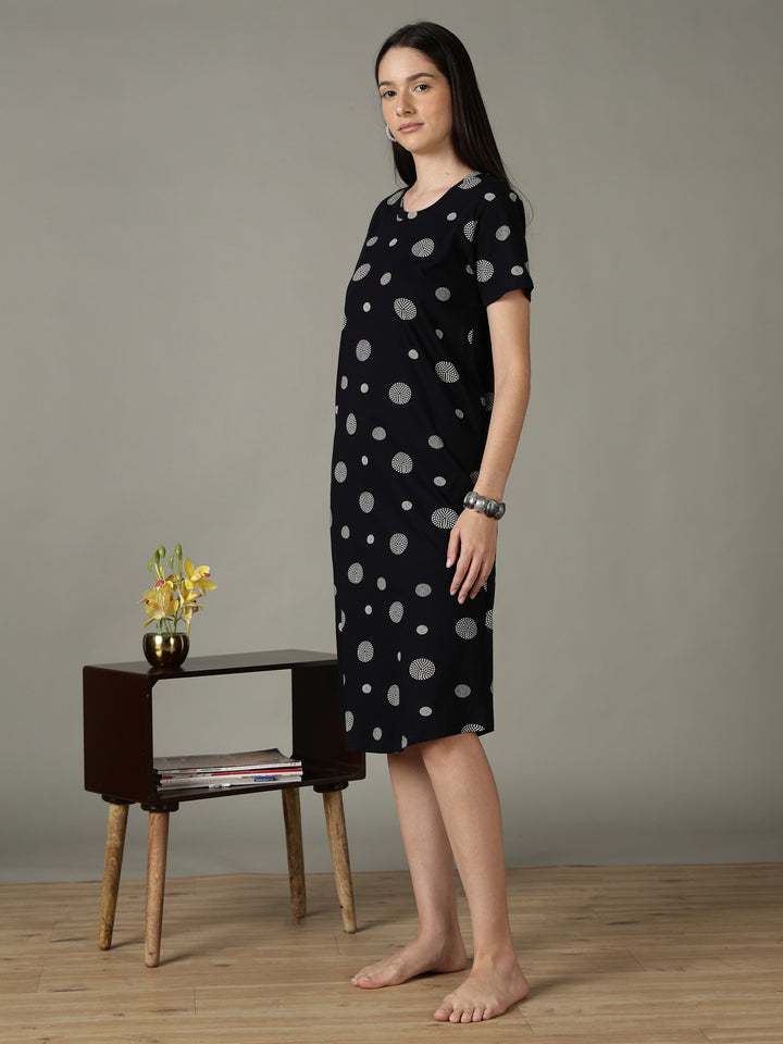 Black Dot Printed Cotton Short Nighty for Women Soft Comfort