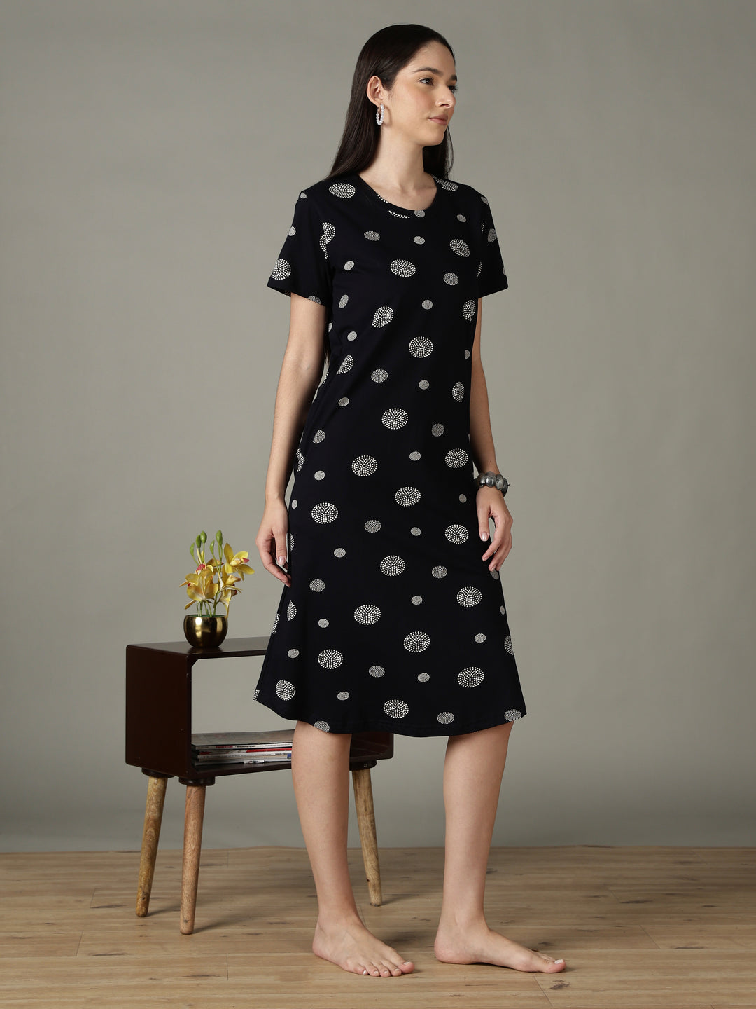 Black Dot Printed Cotton Short Nighty for Women Soft Comfort