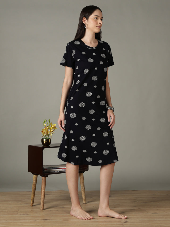 Black Dot Printed Cotton Short Nighty for Women Soft Comfort