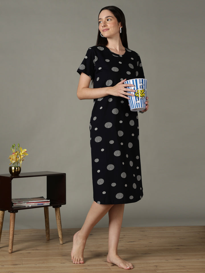 Black Dot Printed Cotton Short Nighty for Women Soft Comfort