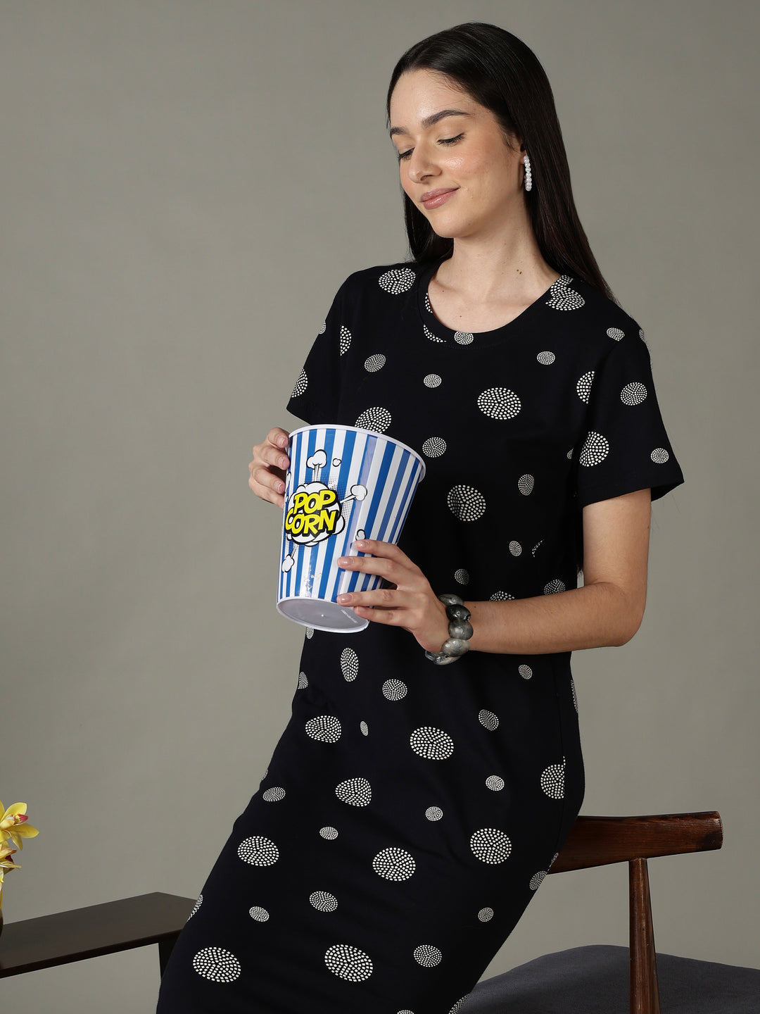 Black Dot Printed Cotton Short Nighty for Women Soft Comfort