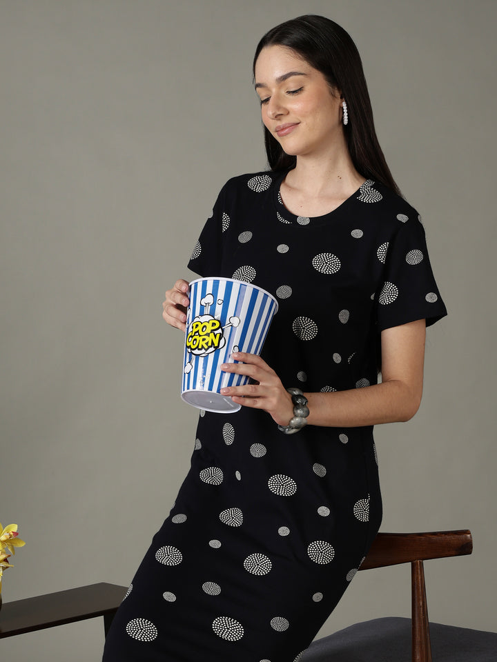 Black Dot Printed Cotton Short Nighty for Women Soft Comfort