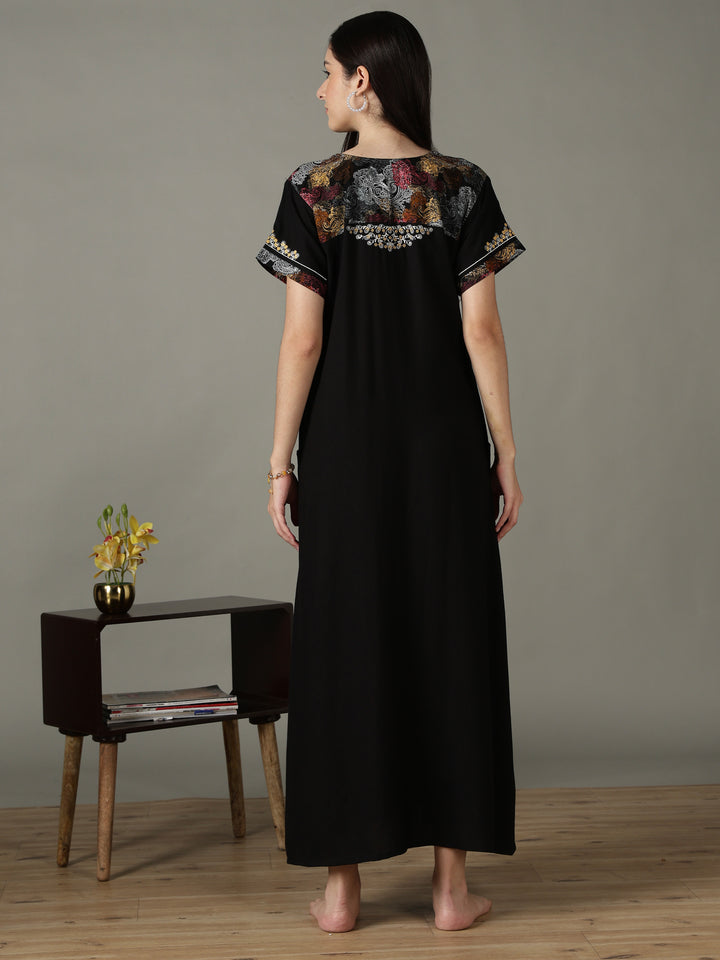 Regal Black Alpine Designer Nighty for Women with Embroidered A Line Fit