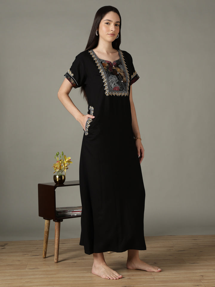 Regal Black Alpine Designer Nighty for Women with Embroidered A Line Fit