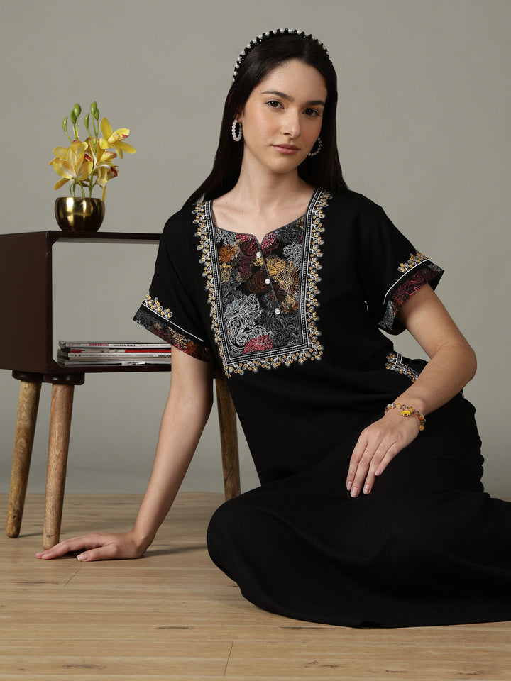 Regal Black Alpine Designer Nighty for Women with Embroidered A Line Fit