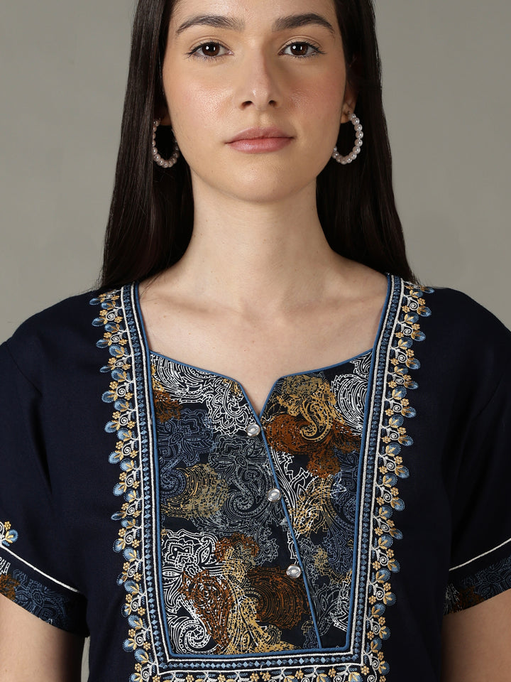 Regal Navy Alpine Designer Nighty for Women with Embroidered A Line Fit