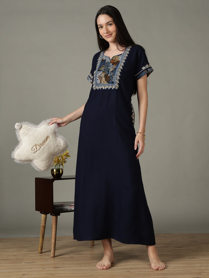 Regal Navy Alpine Designer Nighty for Women with Embroidered A Line Fit