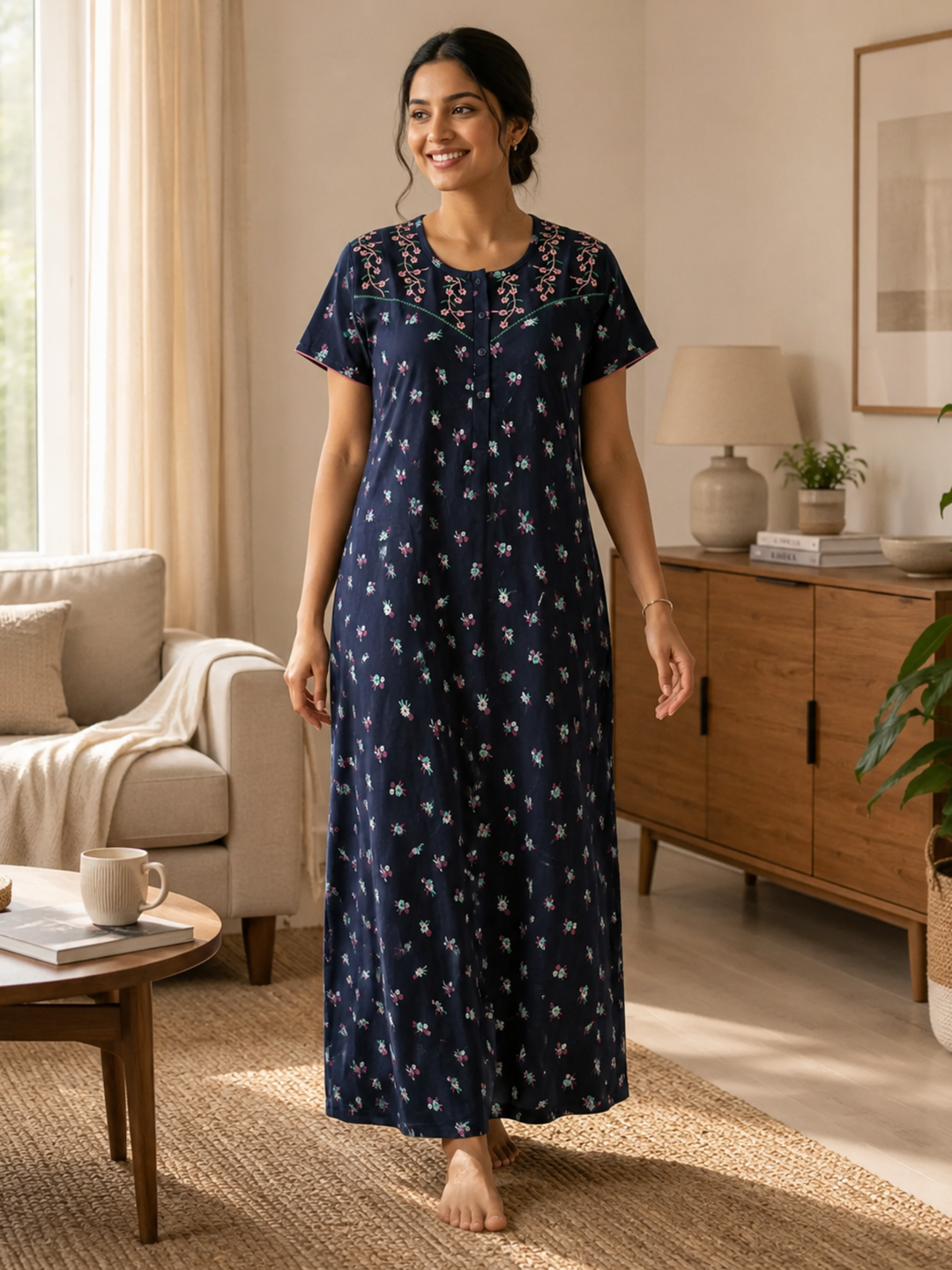 Ink Blue Floral Cotton Blend Designer Nighty for Women