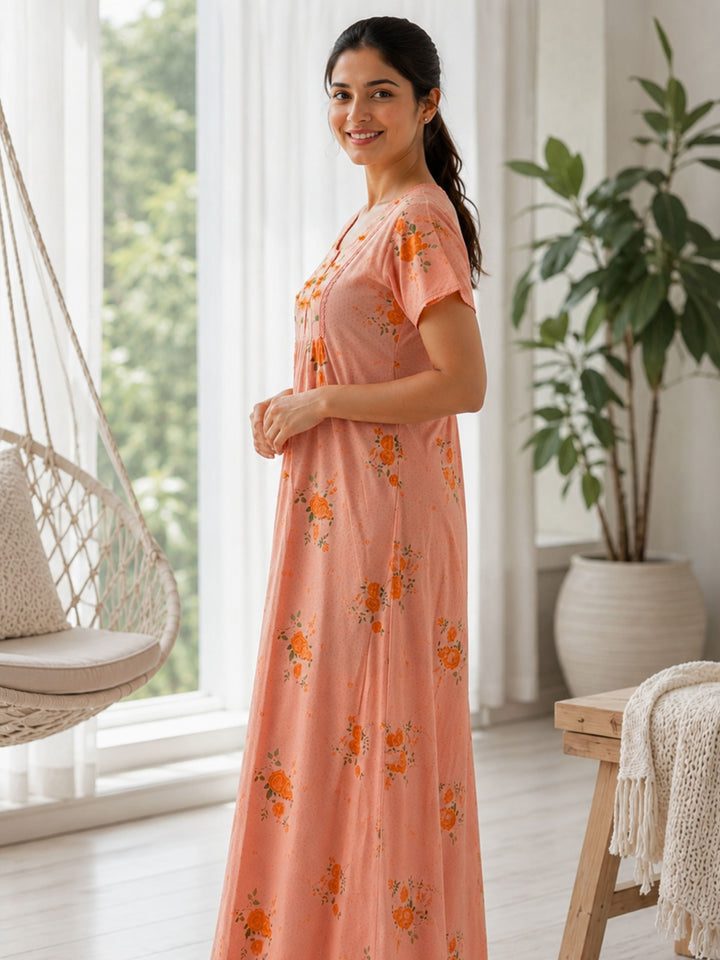 Coral Floral Embroidered Cotton Blend Nightdress for Women