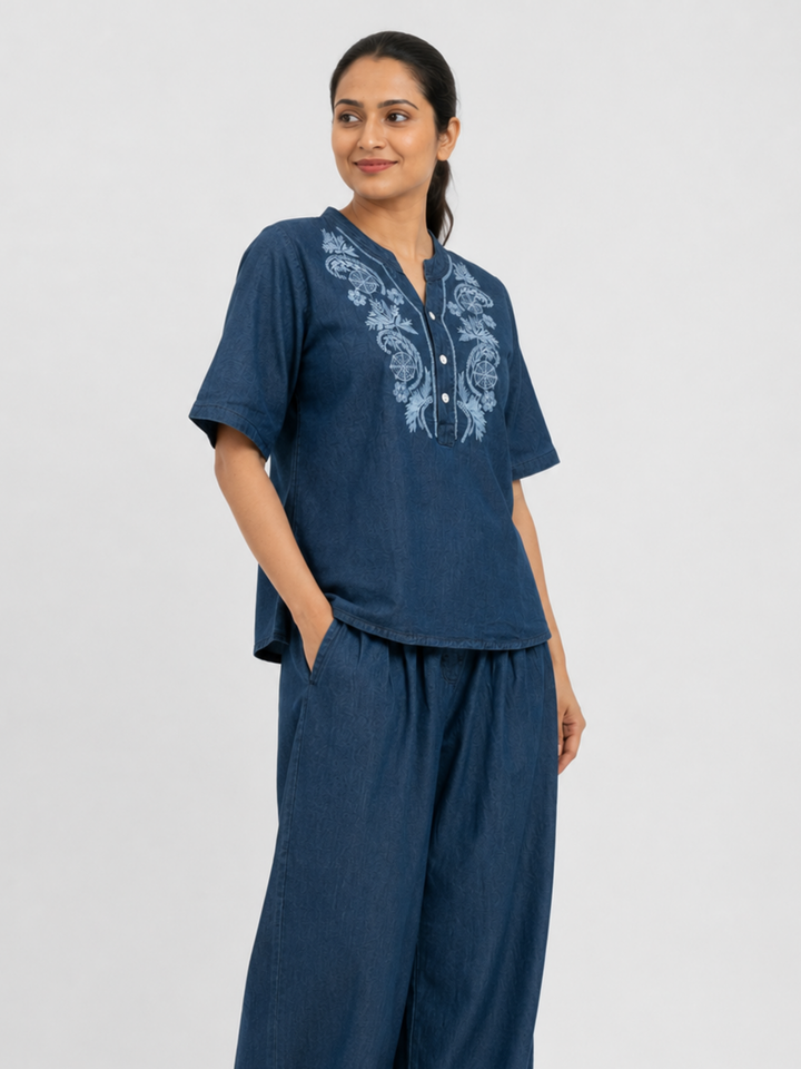Dark Blue Denim Wash Cotton Co Ord Set for Women with Embroidery