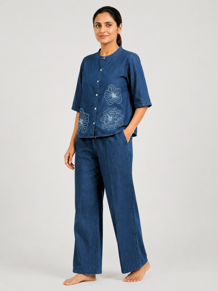 Denim Co Ord Set for Women with Floral Embroidery