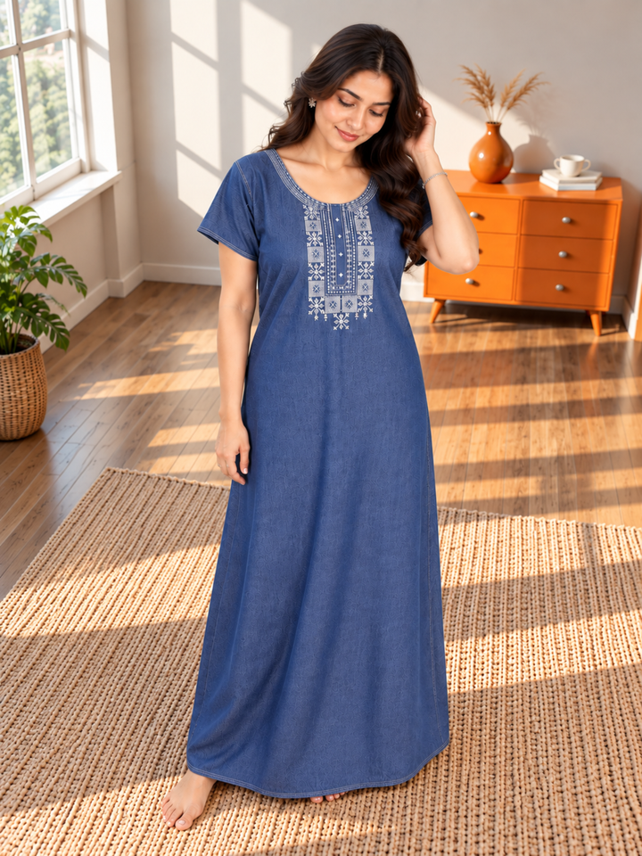 Heritage Embroidery Denim Blue Cotton Nighty | Soft &amp; Stylish Sleepwear