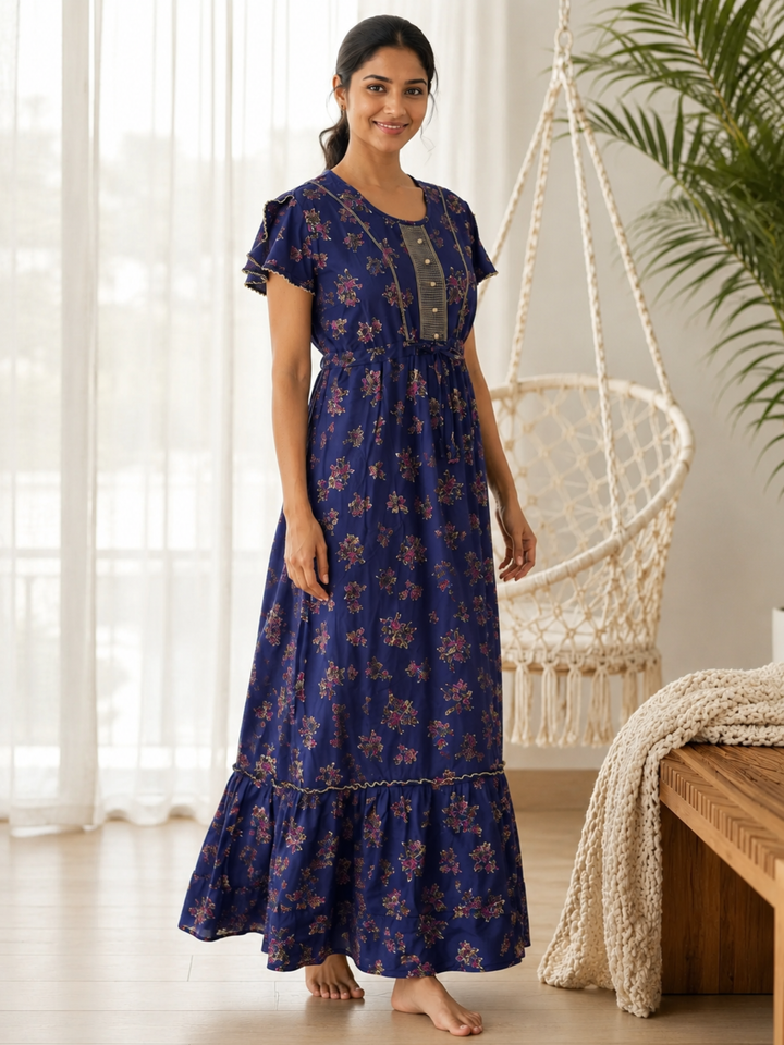 Blossom Azure Alpine Designer Nighty for Women Relaxed Frock Style