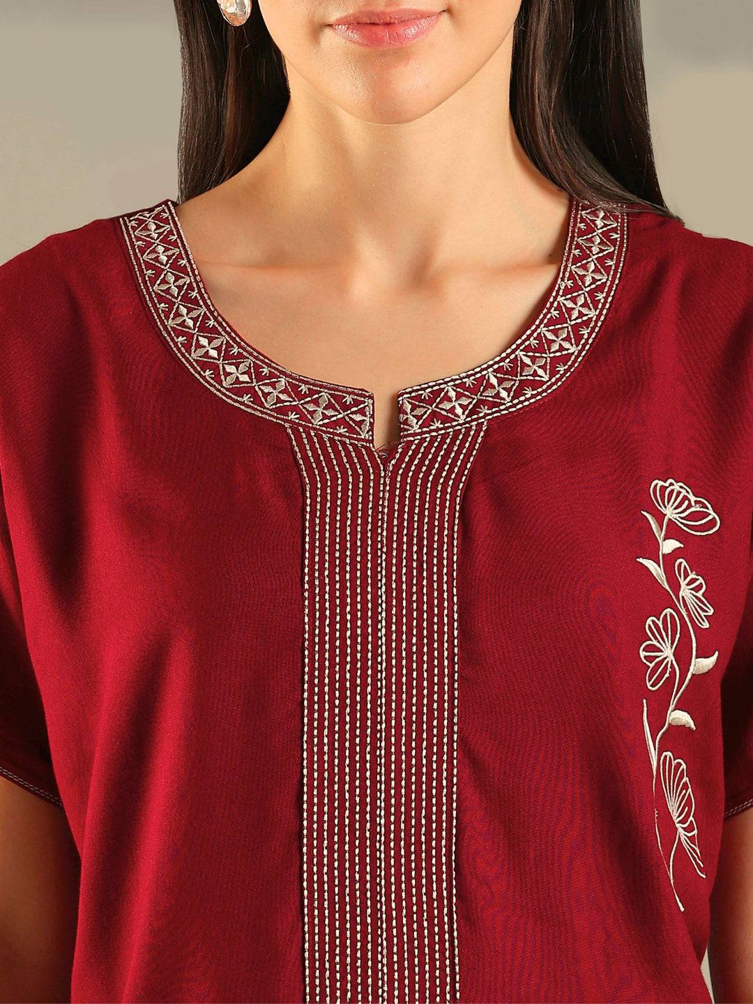 Stylish Alpine Sadabahar Ruby Red Embroidered A Line Nighty for Women