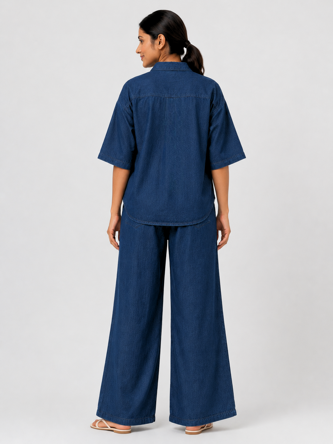 Dark Blue Denim Co Ord Set for Women with Floral Embroidery