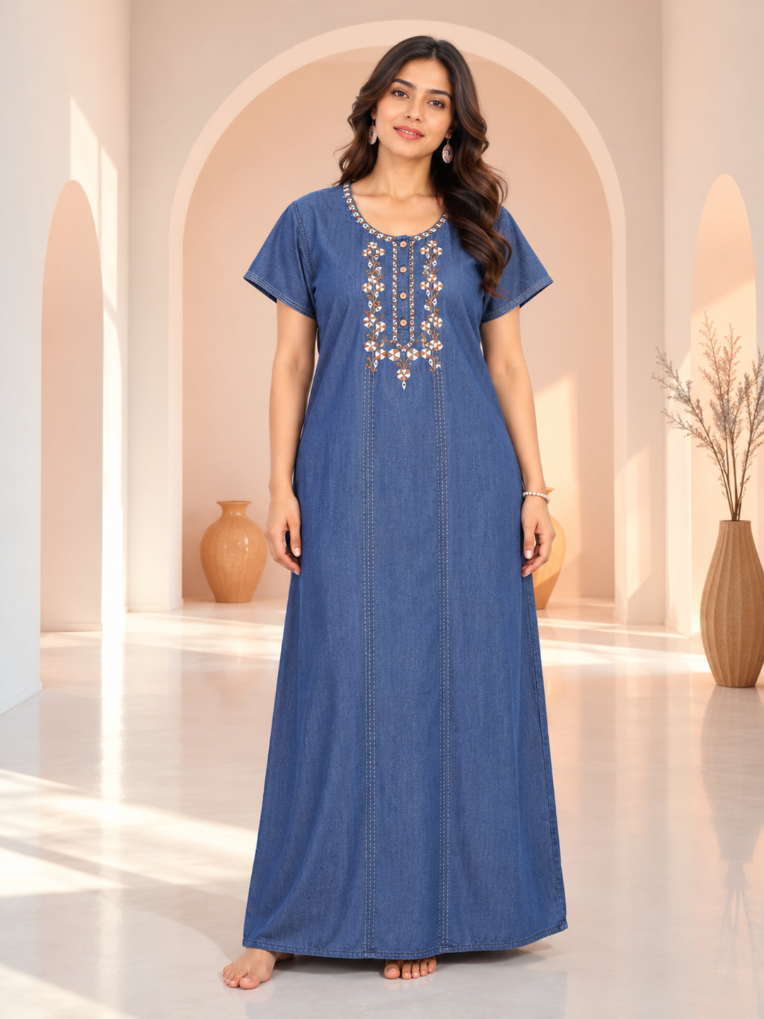 Intricate Embroidery Denim Blue Nighty - Soft Cotton for Cozy Comfort