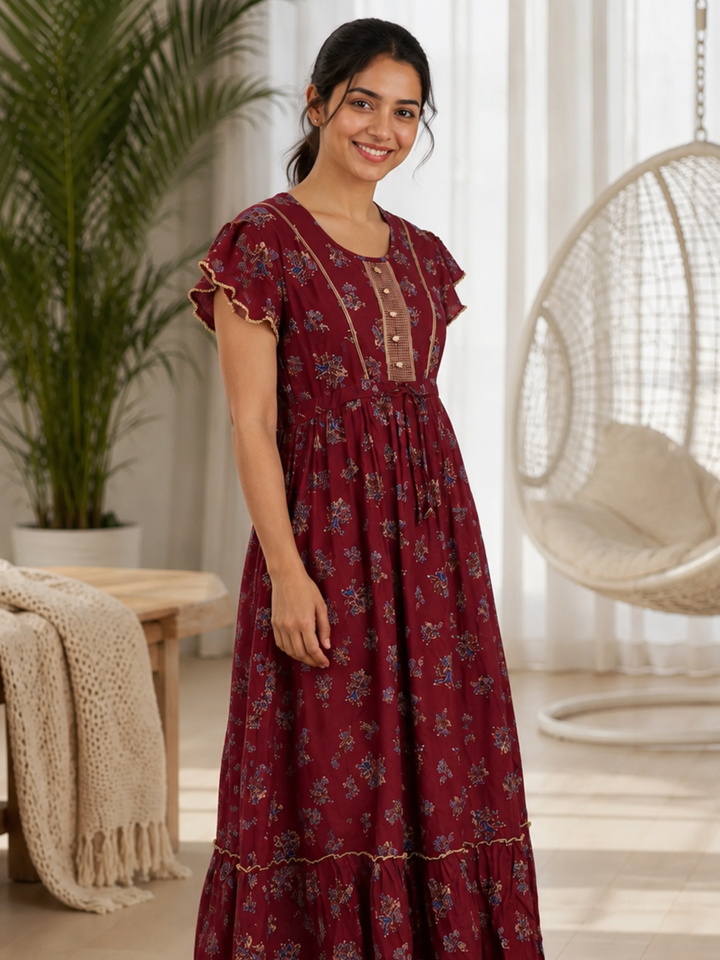 Blossom Maroon Alpine Designer Nighty for Women Relaxed Frock Style